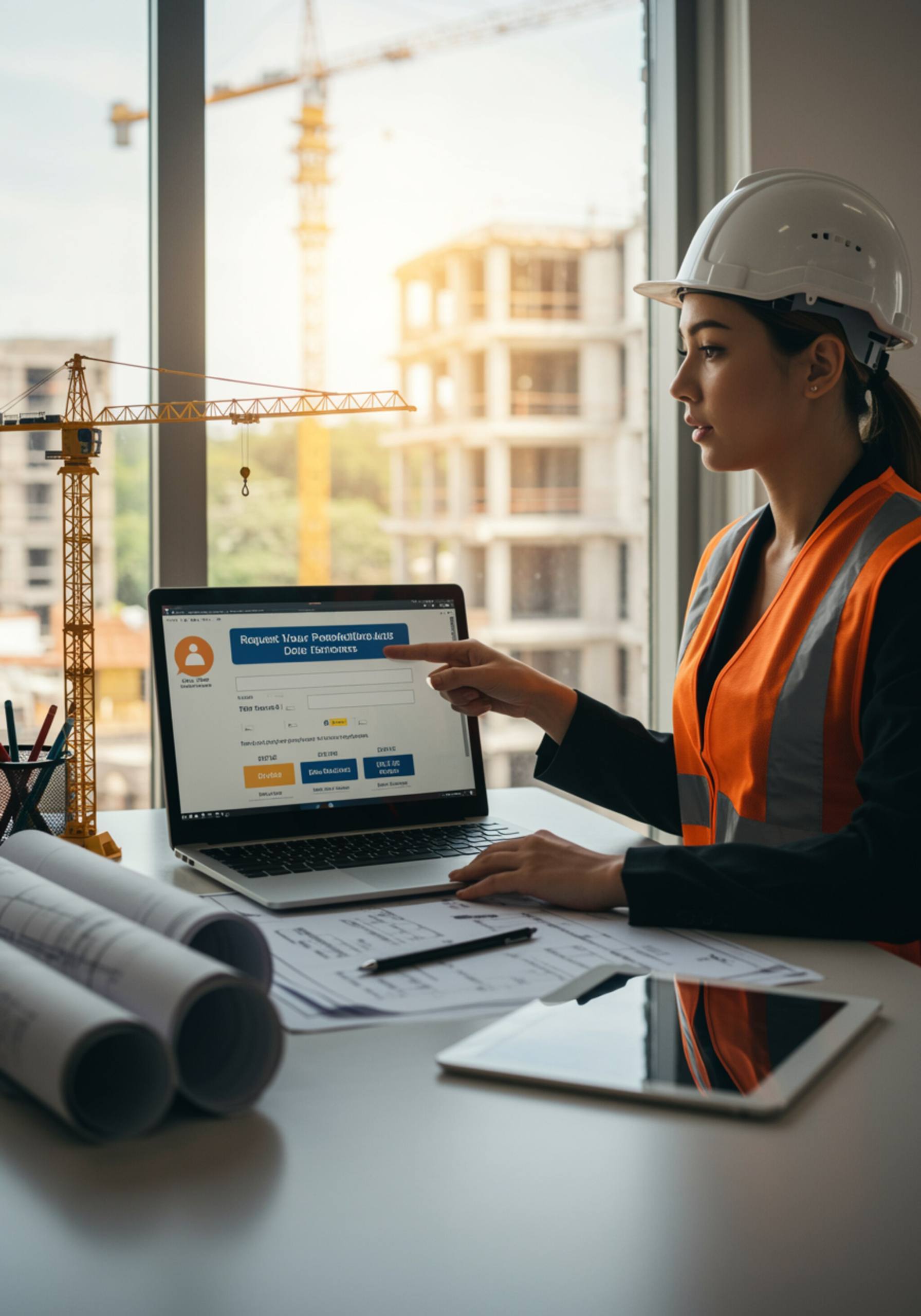 "Representante de servicio al cliente en oficina moderna con casco y chaleco reflectante, mostrando formulario de presupuesto personalizado en laptop, rodeada de planos y herramientas, con vista a un sitio de construcción."